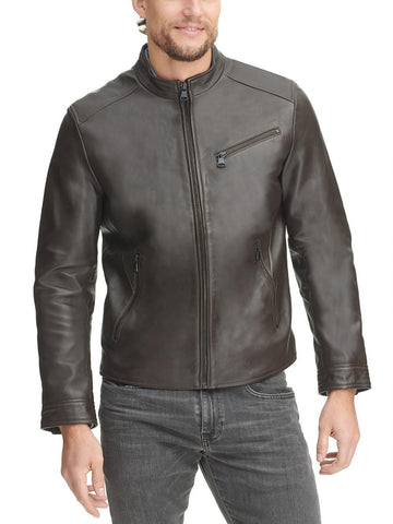 Leather Jacket w/ Chest Zipper Brown