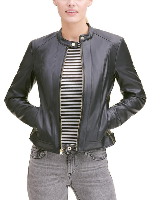 Women's Faux Leather Front Zip Jacket