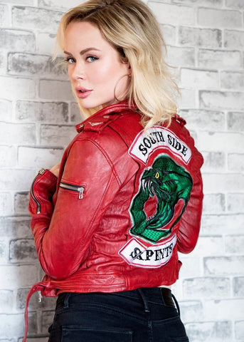 Womens Riverdale Inspired Southside Serpents Leather Motorcycle Jacket Red