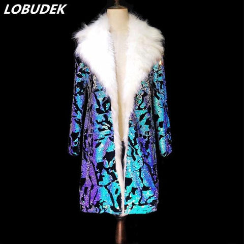 Men's Punk Style Shining Blue Sequined Outerwear Reflective Sequins Faux Fur Long Coat Tide Male Nightclub Performance Overcoat
