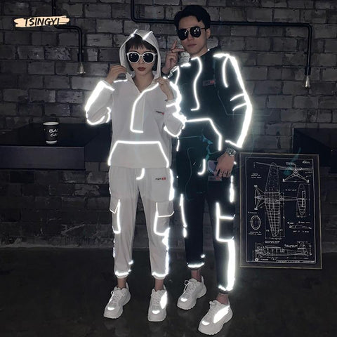 Tsingyi Reflective Multi-pocket Shirts+Ankle-length Cargo pants 2pcs Sets Tracksuit Men Women Couples Streetwear Reflect Sets