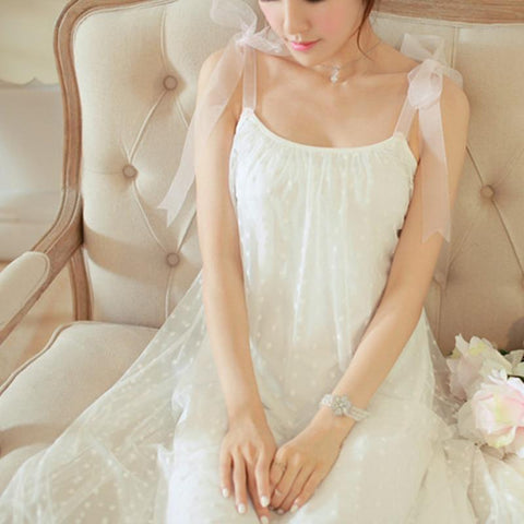 New Soft Yarn Womens Home Dress For Sleeping Princess Long Lace White Nightgowns Lady Vintage Nightdress Sling Sleeveless White