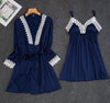 Dark Red Womens 2PC Strap Top Pajamas Sleepwear Sets Lady Home Wear Nightgown Suit Sexy Kimono Robe Bath Gown Sleepshirts M-XL