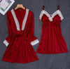 Dark Red Womens 2PC Strap Top Pajamas Sleepwear Sets Lady Home Wear Nightgown Suit Sexy Kimono Robe Bath Gown Sleepshirts M-XL