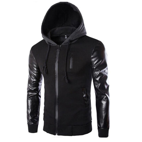 High Quality New Men Hooded Jacket And Coat Autumn Casual PU Leather Sleeve Slim Outerwear Coat Men Zipper Coat Hoody Sportswear