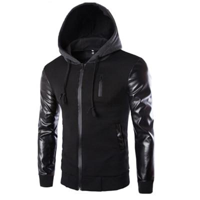 High Quality New Men Hooded Jacket And Coat Autumn Casual PU Leather Sleeve Slim Outerwear Coat Men Zipper Coat Hoody Sportswear