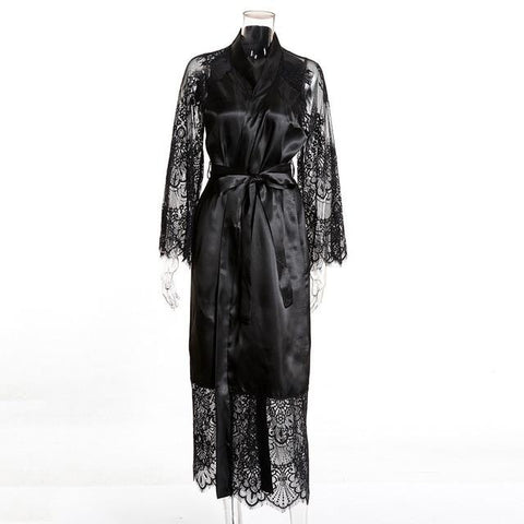 Fashion Sexy Pajama Dress Lingerie with Robe Long Sleeve Lace Nightgown with Belt Sleepwear Satin Women Bridesmaid Bathrobe