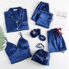 Spring Summer 7 Pcs Set Silk Elegant  Women Pajamas Solid Shorts Long Sleeve Top Elastic Waist Pants Sleepwear with Chest Pad