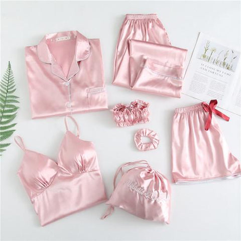 Spring Summer 7 Pcs Set Silk Elegant  Women Pajamas Solid Shorts Long Sleeve Top Elastic Waist Pants Sleepwear with Chest Pad