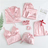 Spring Summer 7 Pcs Set Silk Elegant  Women Pajamas Solid Shorts Long Sleeve Top Elastic Waist Pants Sleepwear with Chest Pad
