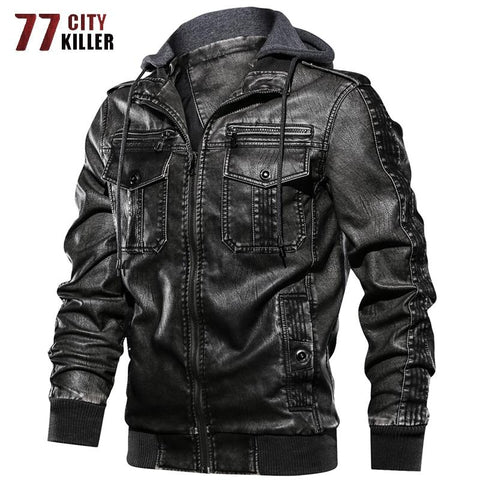 77City Killer Hooded Leather Jacket Men Motorcycle PU Leather Coats Male Euro Size Men Leather Jackets and Coats Dropshipping