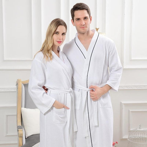 Summer Waffle Bathrobe Men Cotton Kimono Robe Hotel for Men Family Men's Sleepwear Hooded Nightgown V-Neck Plus Size XL White