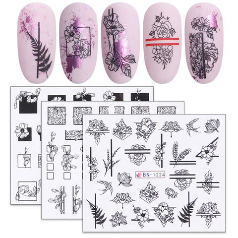 1pcs Black White Flowers Stickers For Nails Green Leaves Water Decal Slider Nail Art Wraps Manicure Decor Tattoo LABN1213-1224-1