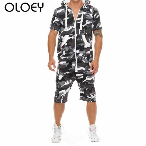 OLOEY men romper black camo mens sport suits cotton zip mens sweat suits one-piece tracksuit set male joggers sporting jumpsuits
