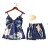 QWEEK Sleep Lounge Pajama Set Sexy Satin Sleepwear Women Summer Pyjama Femme Fashion Flower Pajamas for Women with Chest Pad