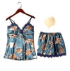 QWEEK Sleep Lounge Pajama Set Sexy Satin Sleepwear Women Summer Pyjama Femme Fashion Flower Pajamas for Women with Chest Pad