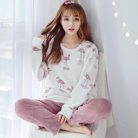 Girls Cute Cartoon Print Flannel Pajamas Sets for Women Winter Long Sleeve Thick Warm Coral Velvet Pyjama Sleepwear Pijama Mujer