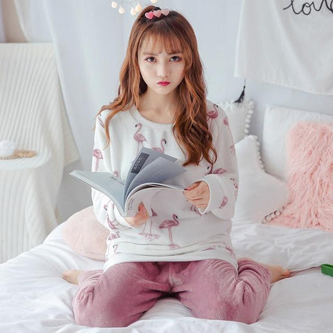Girls Cute Cartoon Print Flannel Pajamas Sets for Women Winter Long Sleeve Thick Warm Coral Velvet Pyjama Sleepwear Pijama Mujer