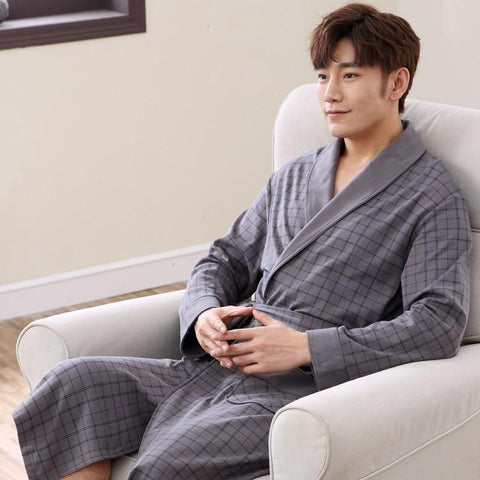 SusanDick 2019 Bathrobe Men Spring Summer Cotton Robe Sleepwear Long Sleeve Long Bathrobe Kimono Man Casual Home Clothing Pijama