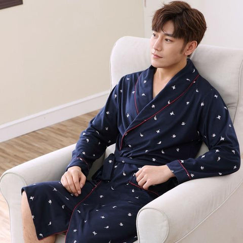 SusanDick 2019 Bathrobe Men Spring Summer Cotton Robe Sleepwear Long Sleeve Long Bathrobe Kimono Man Casual Home Clothing Pijama
