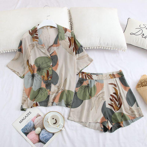 2019 Summer New Palm Leaf Printing Pajamas Home Wear Short Sleeved Loungewear Pijama Mujer Shorts Sleepwear Sexy Home Clothes
