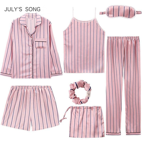 JULY'S SONG 2019 Women 7 Pieces Pajamas Sets Stain Faux Silk Pajamas Women Sleepwear Sets  Autumn Winter Tops+Shorts+Shirt+Pants