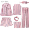 JULY'S SONG 2019 Women 7 Pieces Pajamas Sets Stain Faux Silk Pajamas Women Sleepwear Sets  Autumn Winter Tops+Shorts+Shirt+Pants