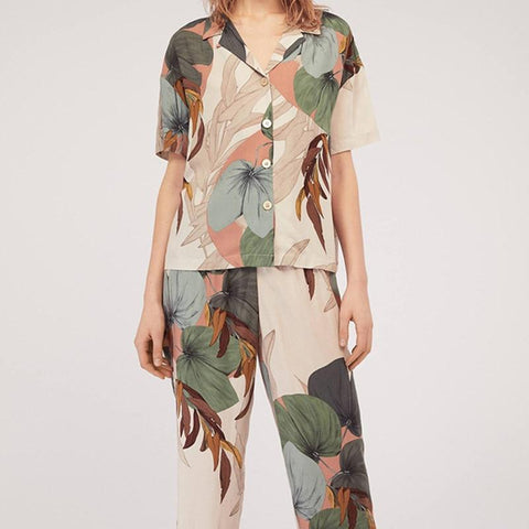 2019 Women's Short-sleeved Palm Leaf Printing Cropped Trousers Pajamas Set Leaves Lapel Casual plus Size Loose Thin Sleepwear