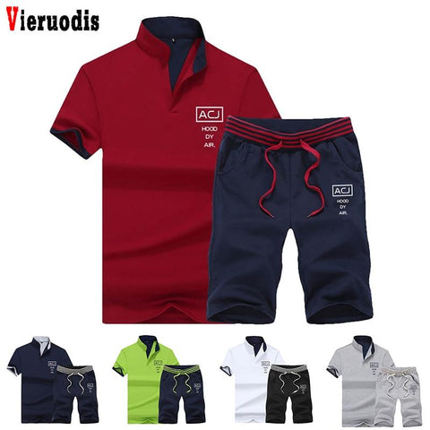 2019 Fashion Summer 2PC Top Short Set Mens Stand Collar 2 Pieces T-shirt Shorts Fitness Suits Tracksuit Brand Sportsuits Set Men