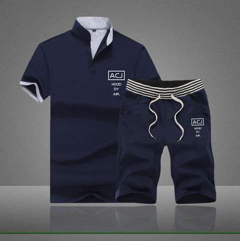 2019 Fashion Summer 2PC Top Short Set Mens Stand Collar 2 Pieces T-shirt Shorts Fitness Suits Tracksuit Brand Sportsuits Set Men