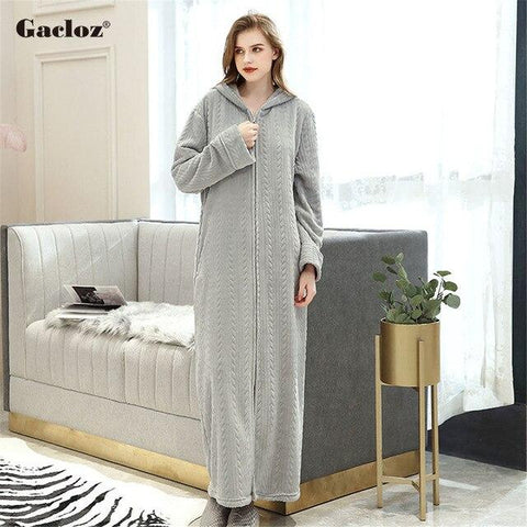 Gacloz Lovers Hooded Bathrobe Plus Size Flannel Sleepwear Winter Zip Robe Women Men Long Nightgown Bath Robe badjas
