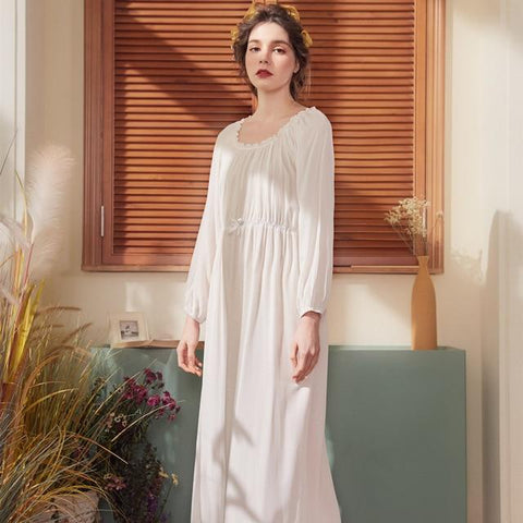 Spring Retro Sweet and Lovely Flounced Nightgown Women Long-sleeve Loose Solid Color Sexy Sleepwear Cotton Home Sleeping Dress