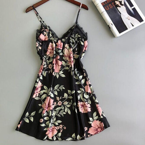 Night Dress Nightgown Sexy Nightwear Vintage Floral Print Camisola Lingerie Nighty Silk Dress Sleep Wear Nightdress Clothes