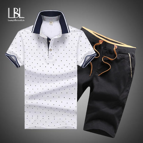Summer Mens Polo Shirt Short Sleeve Polka Dot Polo+Shorts Suit Male Jersey Breathable 2PC Top Shorts Sets Fitness Sportsuits Men