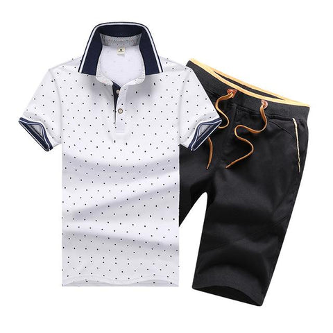 Summer Mens Polo Shirt Short Sleeve Polka Dot Polo+Shorts Suit Male Jersey Breathable 2PC Top Shorts Sets Fitness Sportsuits Men