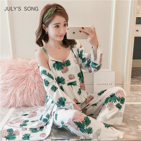 JULY'S SONG Woman Pajamas Set Sling Cotton Pajamas 3 Peices Sleepwear For Women Long Sleeves Breathable Sexy Robe Homewear