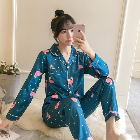 2019 Autumn Women's Pajamas Sets with Flower Print Fashion Luxury Female Faux Silk Two Pieces Shirts + Pants Nighties Sleepwear