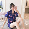 2019 Autumn Women's Pajamas Sets with Flower Print Fashion Luxury Female Faux Silk Two Pieces Shirts + Pants Nighties Sleepwear