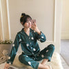 2019 Autumn Women's Pajamas Sets with Flower Print Fashion Luxury Female Faux Silk Two Pieces Shirts + Pants Nighties Sleepwear