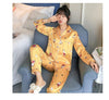 2019 Autumn Women's Pajamas Sets with Flower Print Fashion Luxury Female Faux Silk Two Pieces Shirts + Pants Nighties Sleepwear