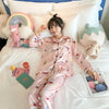2019 Autumn Women's Pajamas Sets with Flower Print Fashion Luxury Female Faux Silk Two Pieces Shirts + Pants Nighties Sleepwear