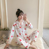 2019 Autumn Women's Pajamas Sets with Flower Print Fashion Luxury Female Faux Silk Two Pieces Shirts + Pants Nighties Sleepwear