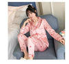 2019 Autumn Women's Pajamas Sets with Flower Print Fashion Luxury Female Faux Silk Two Pieces Shirts + Pants Nighties Sleepwear