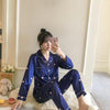 2019 Autumn Women's Pajamas Sets with Flower Print Fashion Luxury Female Faux Silk Two Pieces Shirts + Pants Nighties Sleepwear