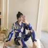 2019 Autumn Women's Pajamas Sets with Flower Print Fashion Luxury Female Faux Silk Two Pieces Shirts + Pants Nighties Sleepwear