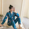 2019 Autumn Women's Pajamas Sets with Flower Print Fashion Luxury Female Faux Silk Two Pieces Shirts + Pants Nighties Sleepwear