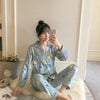 2019 Autumn Women's Pajamas Sets with Flower Print Fashion Luxury Female Faux Silk Two Pieces Shirts + Pants Nighties Sleepwear