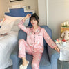 2019 Autumn Women's Pajamas Sets with Flower Print Fashion Luxury Female Faux Silk Two Pieces Shirts + Pants Nighties Sleepwear