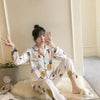 2019 Autumn Women's Pajamas Sets with Flower Print Fashion Luxury Female Faux Silk Two Pieces Shirts + Pants Nighties Sleepwear
