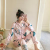 2019 Autumn Women's Pajamas Sets with Flower Print Fashion Luxury Female Faux Silk Two Pieces Shirts + Pants Nighties Sleepwear